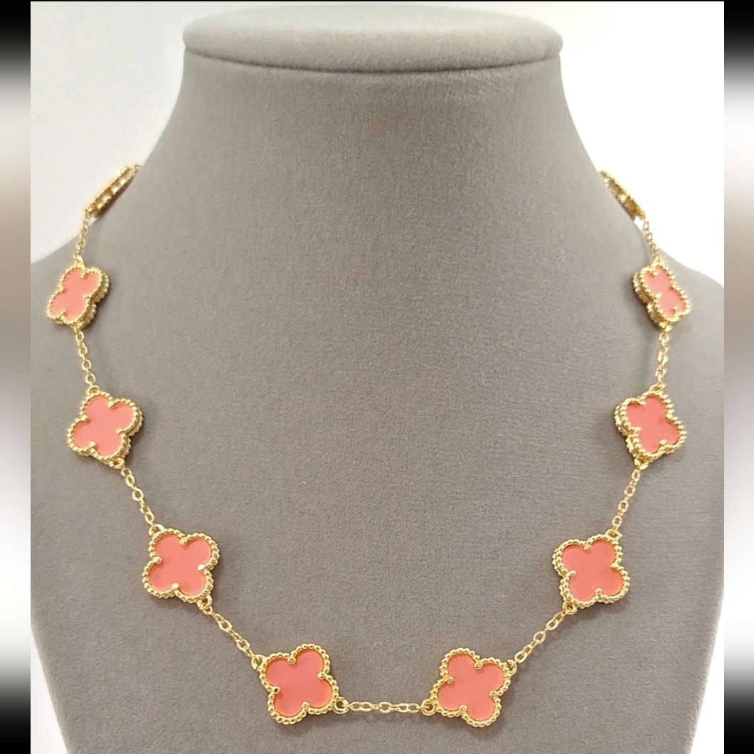 Pink Enamel Multi Clovers Necklace